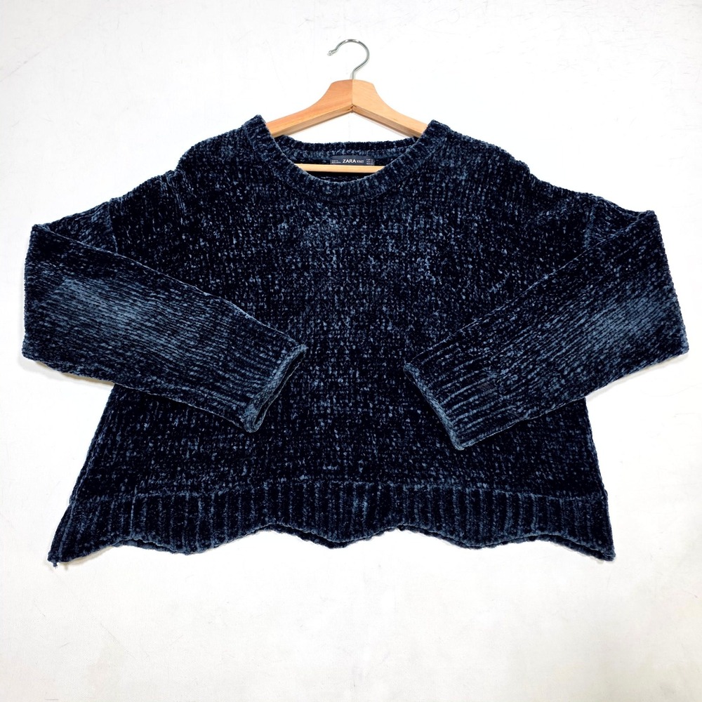 Zara Knit Sweater Womens S Navy Blue Chenille Cropped Scalloped Hem Cozy Plush - Picture 3 of 6
